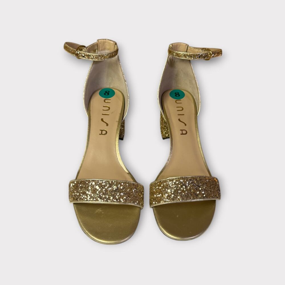 Unisa Women's Gold Glitter Block Heel Sandals Size 8M | Ankle Strap